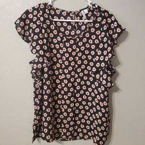 Elle Blouse Womens Large Floral Keyhole Short Sleeve Floral